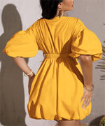 Women's Deep V-Neck Puffy Sleeve Elasticated High Waist Flared Dress