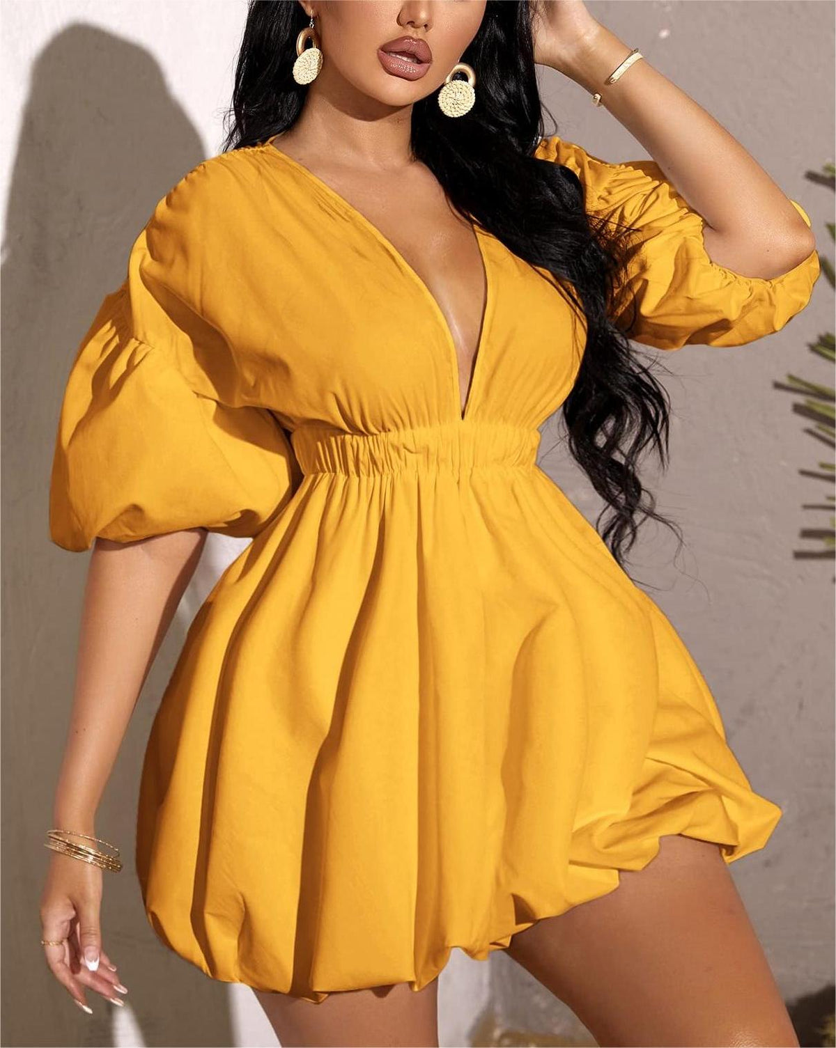 Women's Deep V-Neck Puffy Sleeve Elasticated High Waist Flared Dress