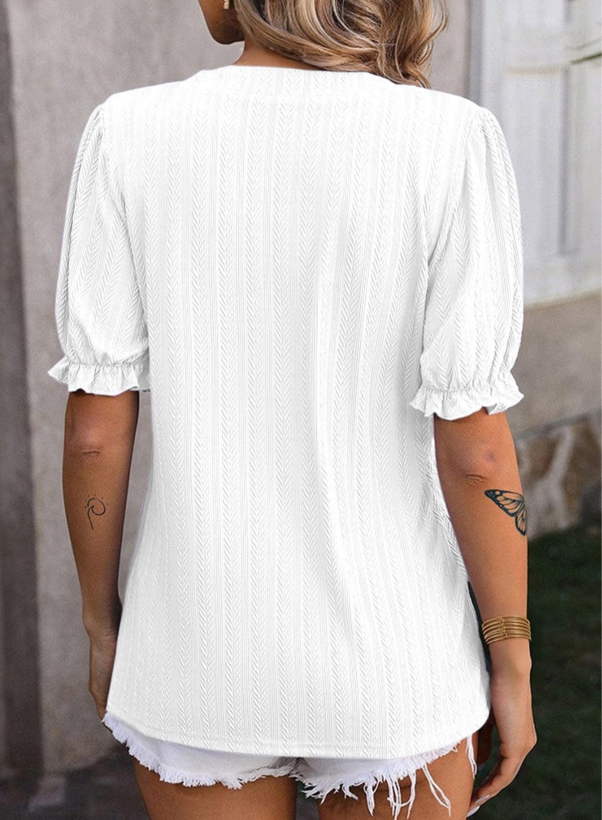 Women's V-NeckPuff-Sleeve Textured Knit Top