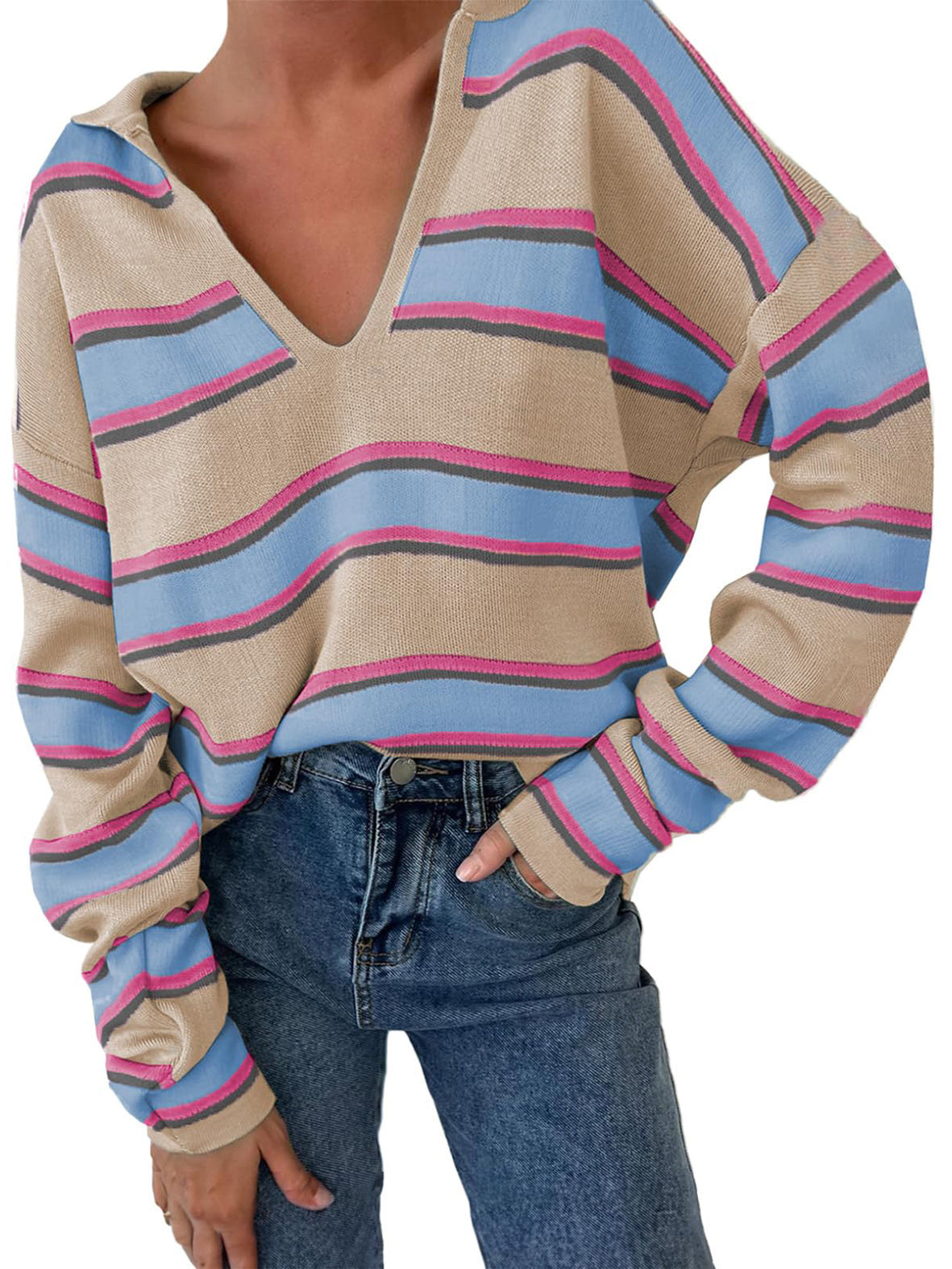 Women'S Striped Polo Collar Oversized Sweater