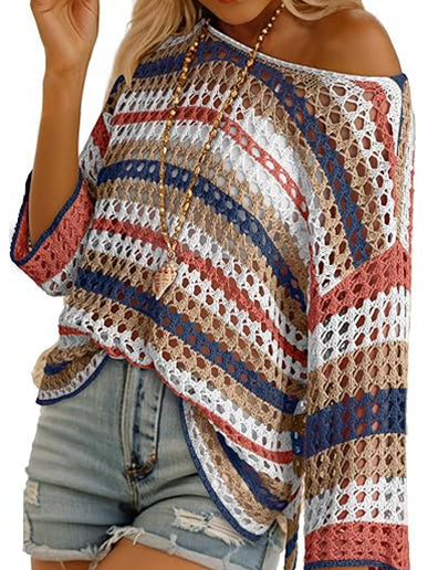 Women's 3/4 Sleeve Hollow Out Color Block Striped Tops