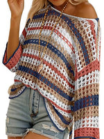 Women's 3/4 Sleeve Hollow Out Color Block Striped Tops