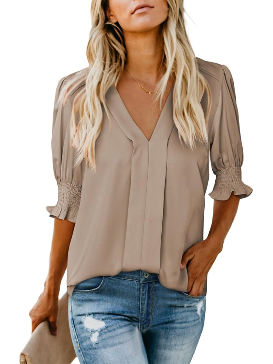 Women's Solid Casual V Neck Puff Sleeve Shirts