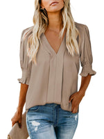 Women's Solid Casual V Neck Puff Sleeve Shirts