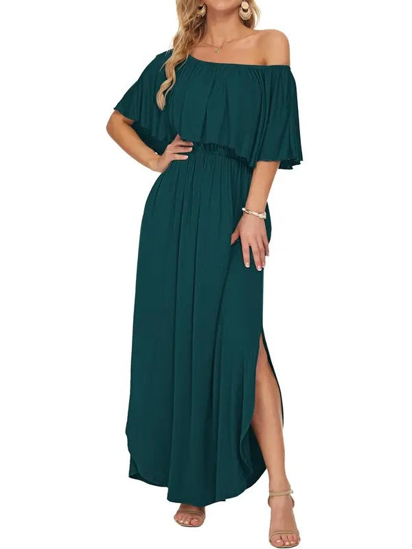 Women's Off-Shoulder Ruffled Side-Slit Maxi Dress with Pockets