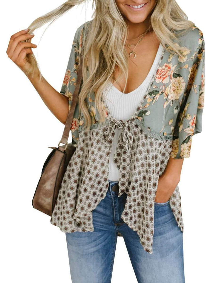Summer Floral Kimono Ruffle Sleeve Tie Cardigans