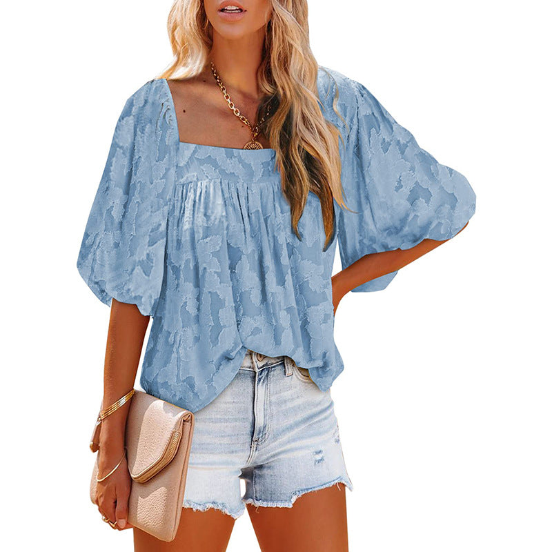 Ladies Square Collar Jacquard Chiffon Loose Tops