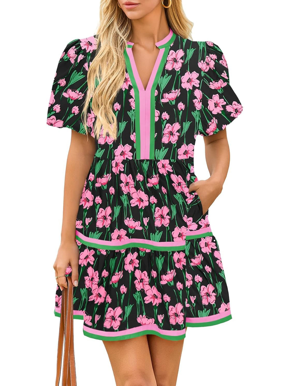 Women's V Neck Floral Dress Short Puff Sleeve Boho Dresses