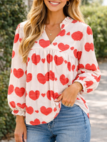 Women's Heart Pattern V Neck Puff Sleeve Blouse