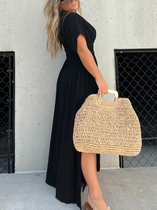 V-neck Dress With Slit And Gathered Waist