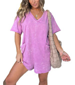 Women's Casual Mineral Washed Tee Romper with Pockets