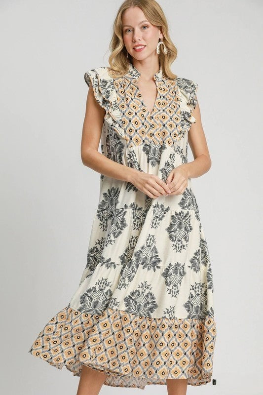 Women's Casual Printed Ruffle Sleeve Midi Dress