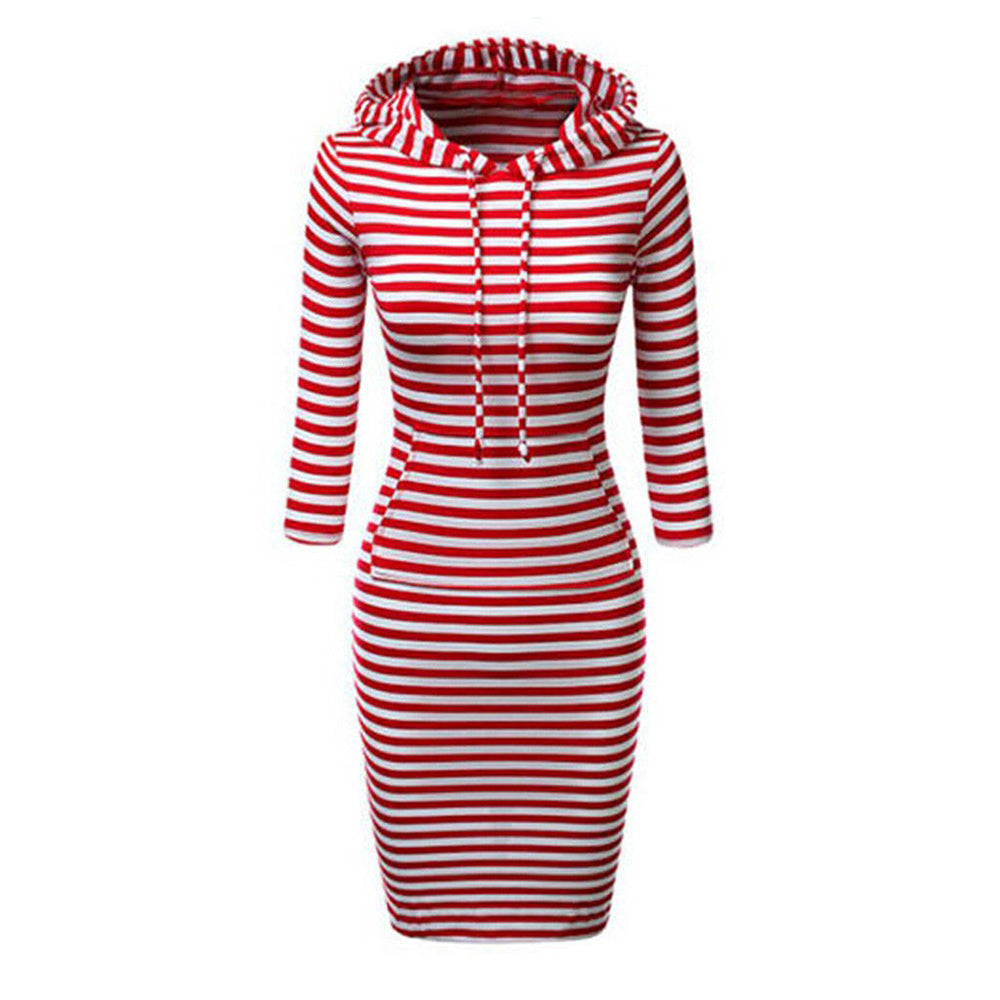 Women Pocket Knee Length Slim Casual Pullover Hoodie Dress