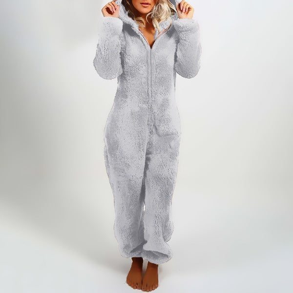 Women's Pajamas Furry Zipper Jumpsuit Hooded Pajamas