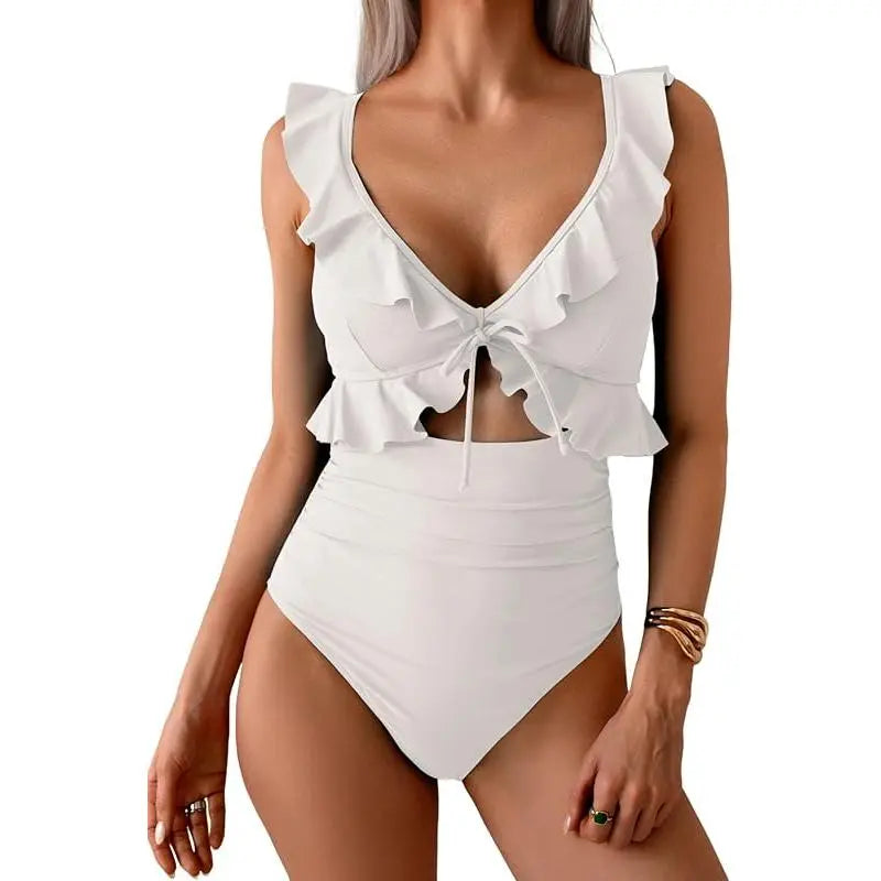 Tummy Control Ruffle Bathing Suit V Neck Ruched Swim Suit