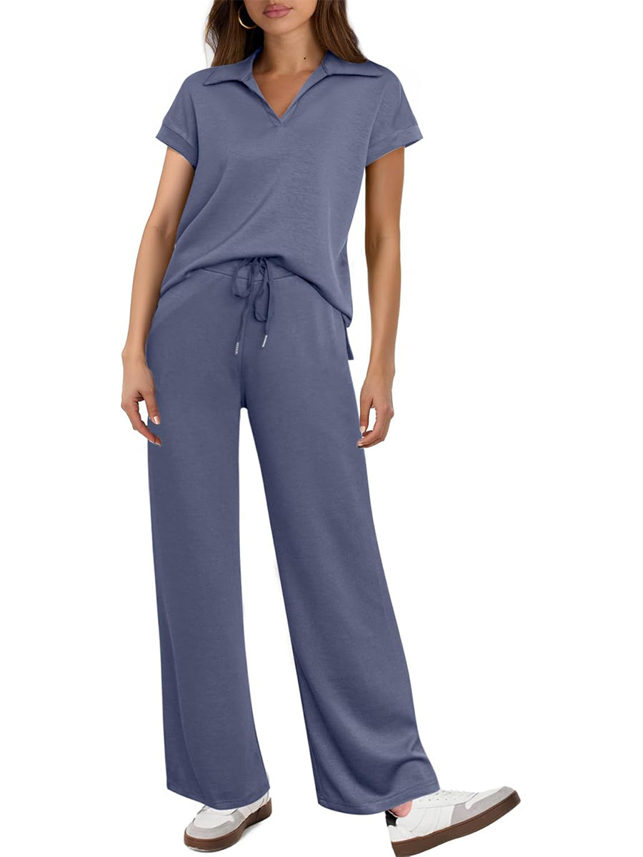 Women's Short Sleeve Top and Drawsting Wide Leg Pants 2 Piece Set