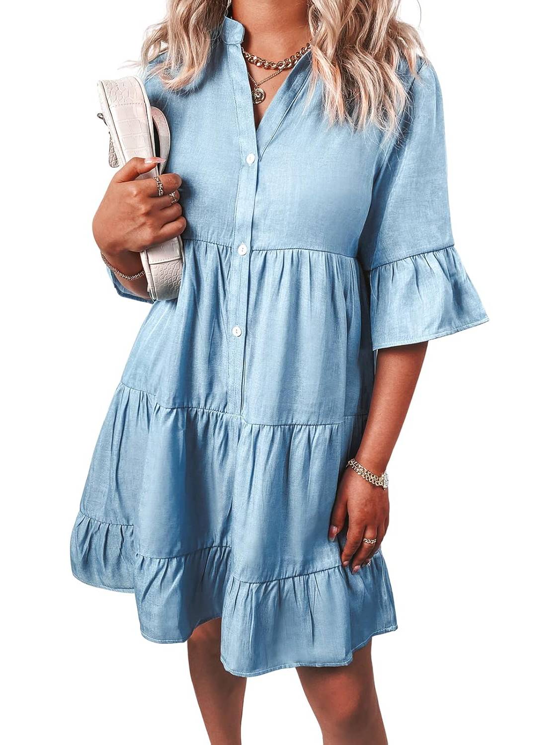 Women??s Casual V Neck Ruffle Short Sleeve Summer Dress