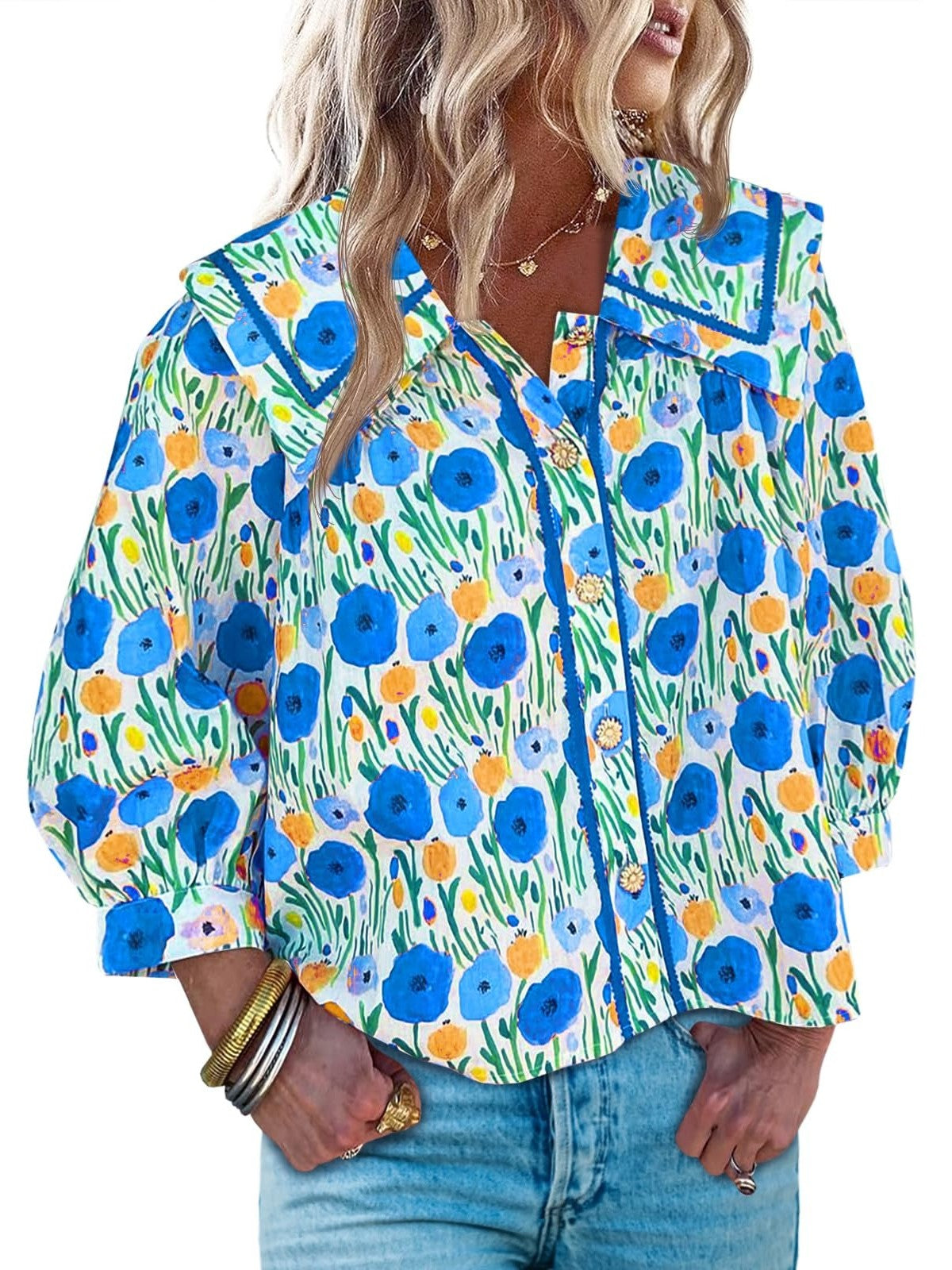 Women's Vibrant Floral Print Collar Blouse