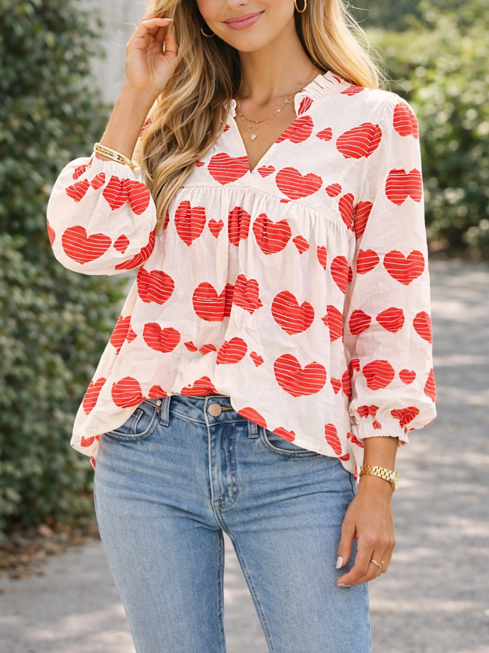 Women's Heart Pattern V Neck Puff Sleeve Blouse