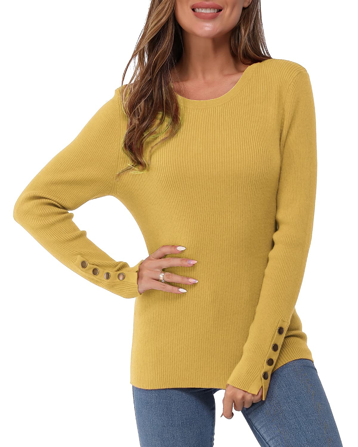 Women's Long-Sleeve Button Crew Neck Pullover Sweater