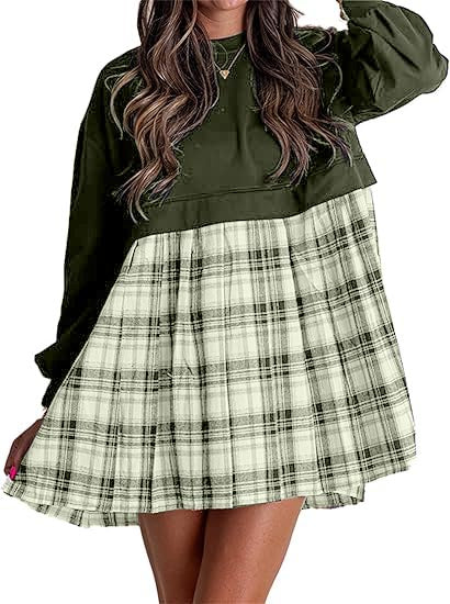 Women's Long Sleeve Round Neck Plaid Print Patchwork Dress