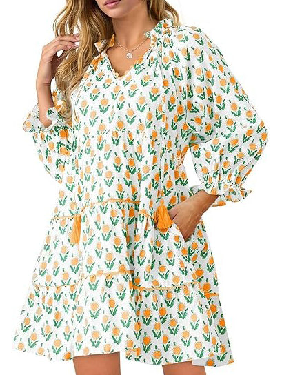 Women's Floral Ruffle V Neck Boho Babydoll Dresses with Pockets