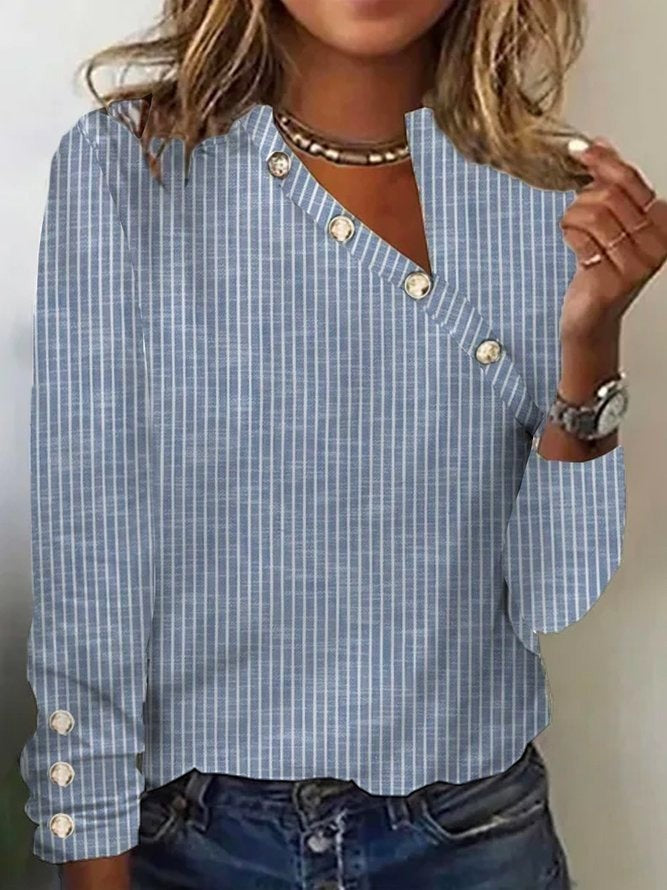 V Neck Casual Stripe Print Long Sleeves Blouse