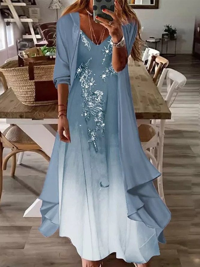 Floral Print Half Sleeves V Neck Casual Dress