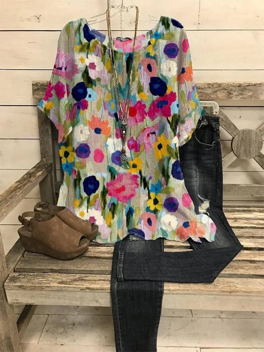 Women's Casual Scoop Neck Loose 3/4 Sleeves Floral Print Shirt