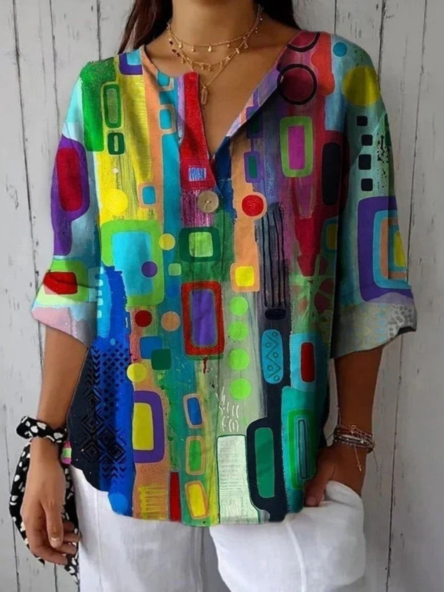 Geometric V-neck Long Sleeve Loose Blouse
