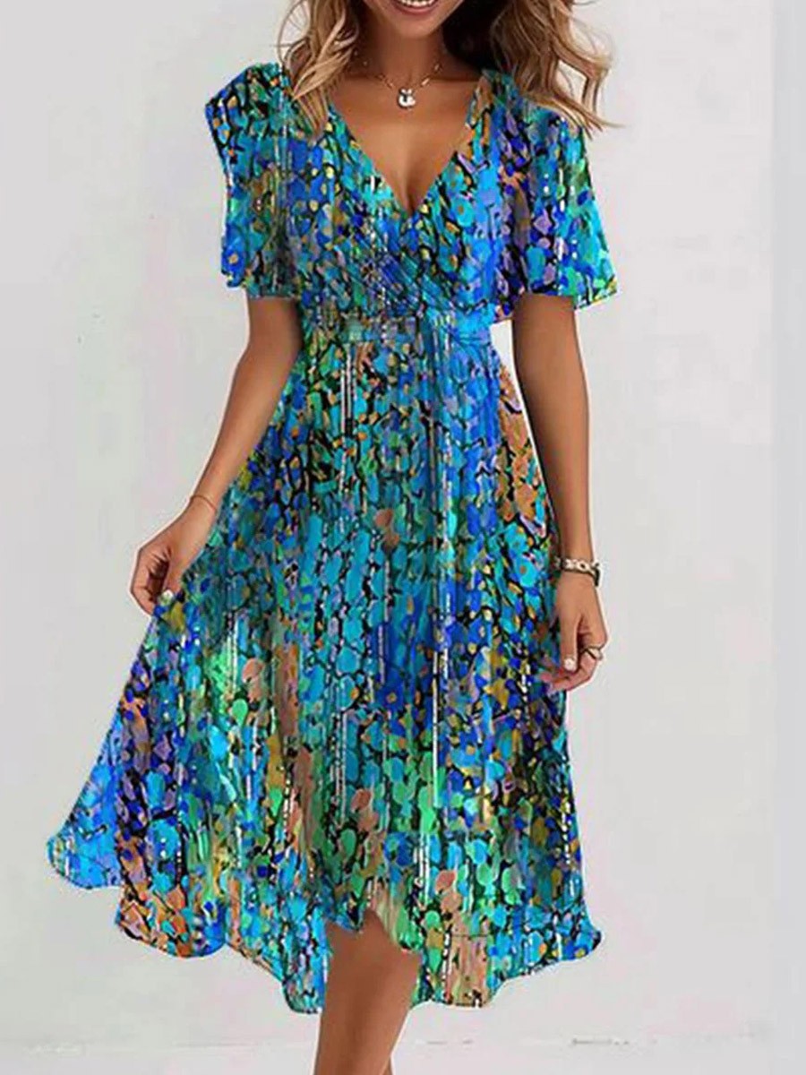 Special Blue V-Neck Short Sleeve Midi Dress