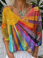 Casual Print V-neck Long Sleeve Loose Tops