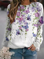 Butterfly and Floral Print O-neck Long Sleeves Sweatshirt