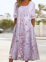 Purple Side Pocket Short Sleeve Midi Midi Dress