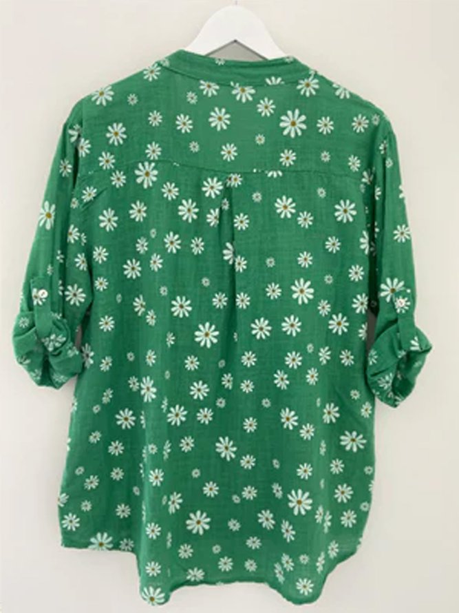 Daisy Print Stand Collar Buttons Long Sleeves Blouse