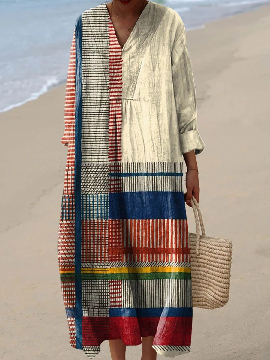 Vintage Geometric Line Art Print V-neck Long Sleeve Cotton Midi Dress