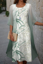 Elegant Bamboo Print Crew Neck Half Sleeve Comfy Two Piece Set Midi Dress