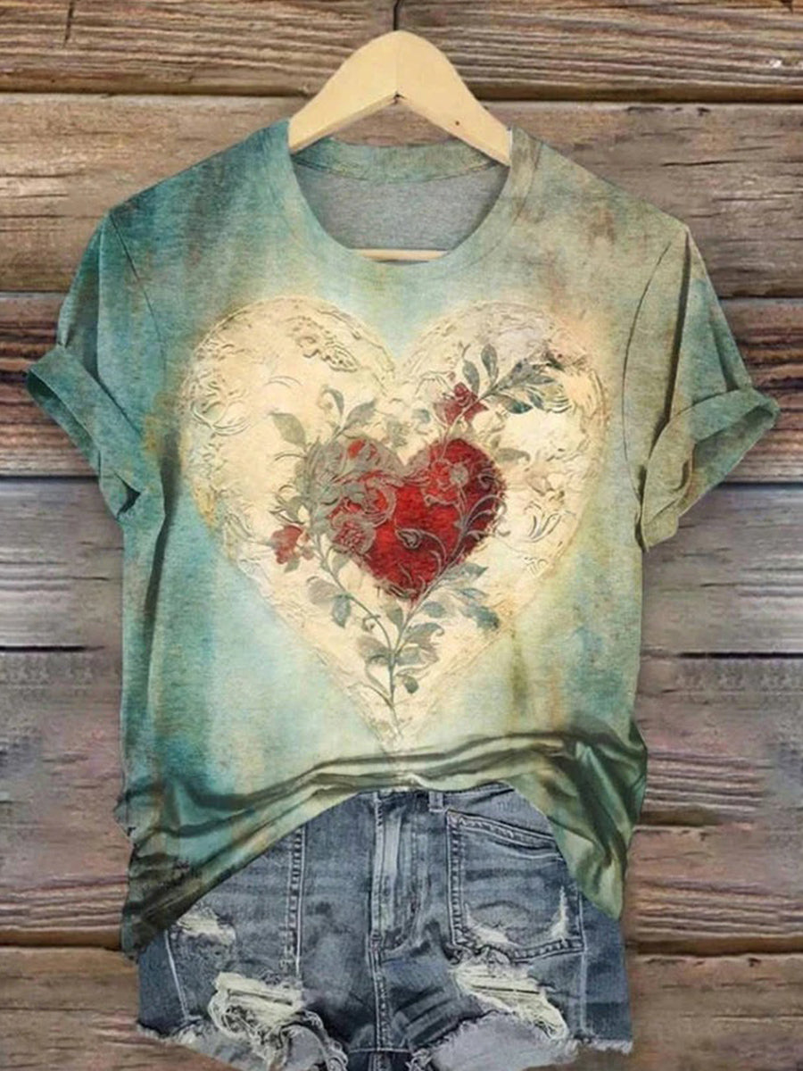 Retro Heart Print Crew Neck Short Sleeve T-Shirt