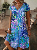 Retro Leaf Print V-Neck Short Sleeve Mini Dress