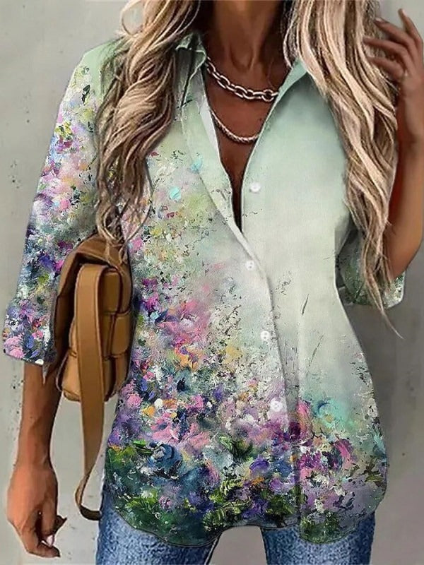 Floral Print Lapel Buttons Daily Long Sleeves Blouse