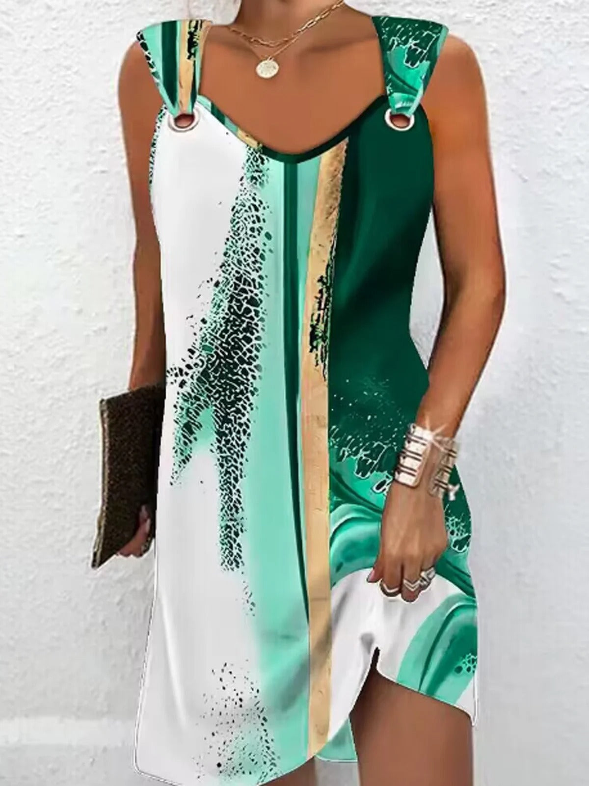 Comfy Casual Random Print Spaghetti Sleeveless Short Dress