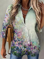 Floral Print Lapel Buttons Daily Long Sleeves Blouse