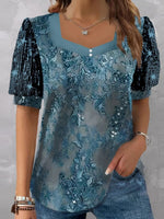Blue Embroidered V-Neck Short Sleeve T-Shirt