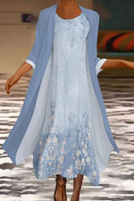 Floral Crew Neck 3/4 Sleeve Elegant Comfy Two Piece Maxi Dress