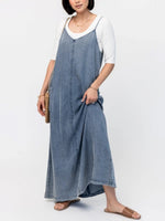 Plain V-neck Sleeveless Pockets Casual Denim Maxi Dress