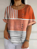 Color Block Stripe Print Round Neck Short Sleeve Buttons Casual Blouse