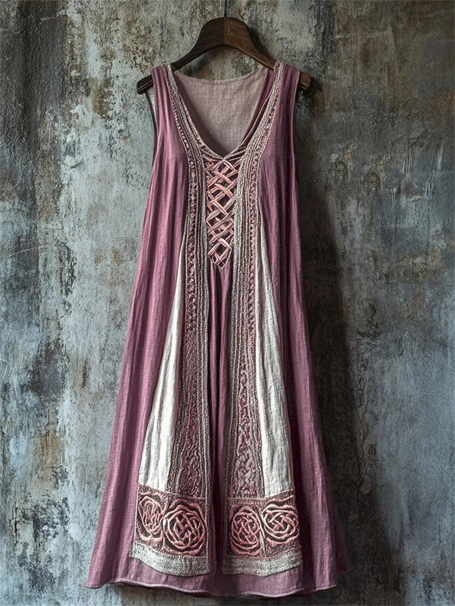 Boho Vintage Embroidered V-Neck Sleeveless Midi Dress