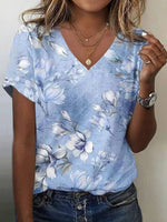 Floral Print V-neck Short Sleeve T-Shirt