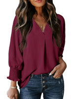 Solid Color V Neck Long Sleeve Loose Blouse