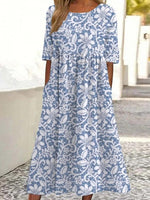 Floral Print Crew Neck Short Sleeve Side Pocket Loose Midi Dress